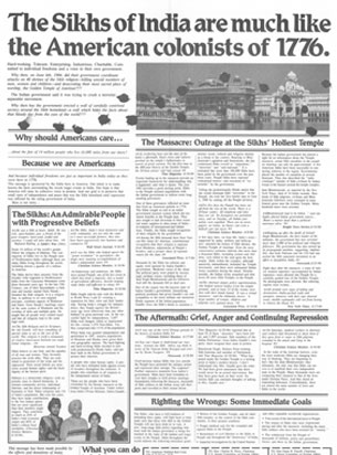 Full page advertisements in American newspapers run as part of a media campaign to inform the American people about the Sikhs and the Punjab crises of 1984