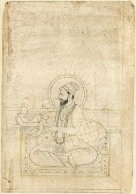 Sketch of Guru Arjan Dev seated on a balcony reading Sketch of Guru Arjan Dev seated on a balcony reading