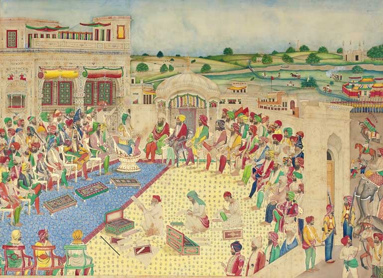 The Court of Maharaja Ranjit Singh, Bisham Singh Lahore, c.1850 — Opaque watercolor on paper — Toor Collection (photo: sikhfoundation.org)
