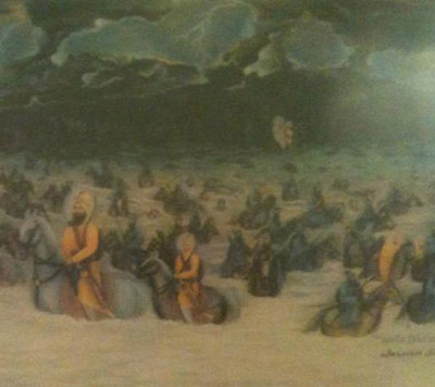 Guru Gobind Singh & his Sikhs crossing the Sarsa Nadi Guru Gobind Singh & his Sikhs crossing the Sarsa Nadi