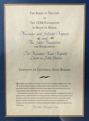 Acknowledgment from UC Santa Barbara, on the establishment of the Kundan Kaur Kapany Chair in Sikh Studies in 1997